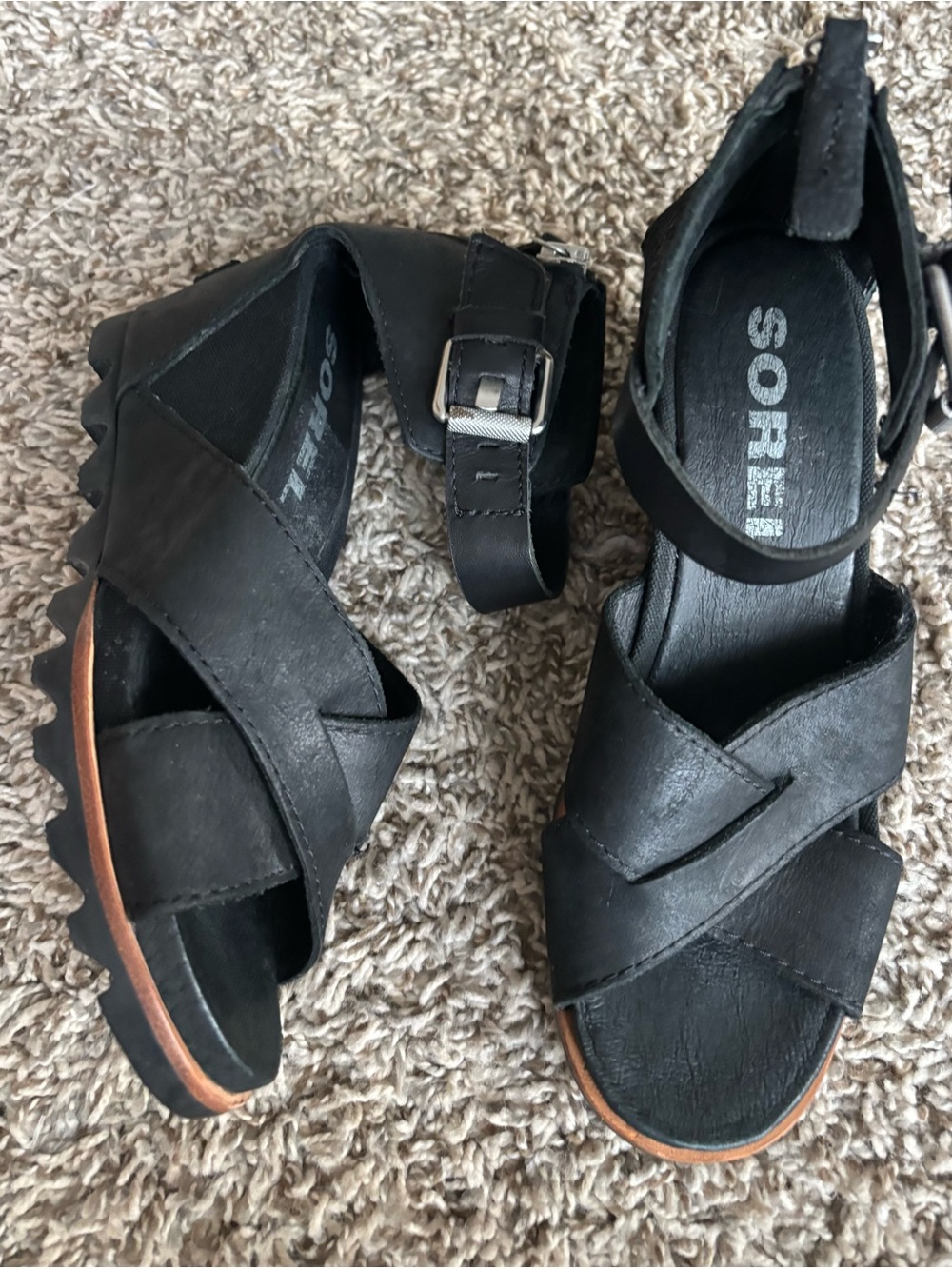 Sorel Black Crisscross Ankle Strap Wedge Sandals Joanne ll